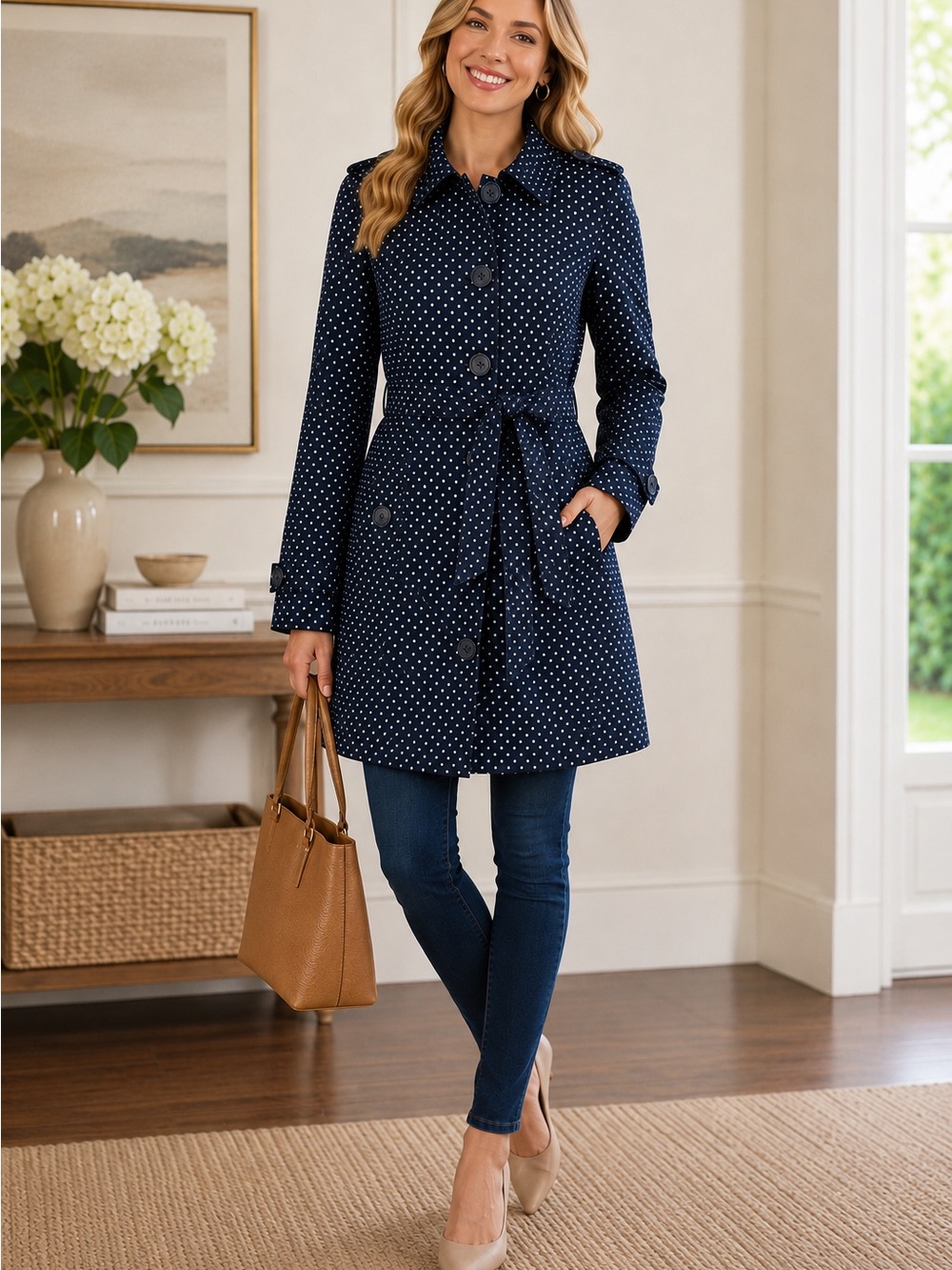 London Fog Womens S Navy Polka Dot Trench Coat Belted Above Knee Rain Jacket
